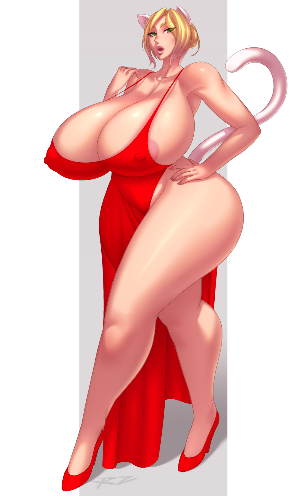 1girls, animal ears, areola slip, ass, bare shoulders, blonde hair, breast focus, breasts, cat ears, cat tail, classy, clavicle, cleavage, curvy, dress, eyebrows visible through hair, eyeliner, eyes visible through hair, female, female only, full body, full cleavage, gigantic breasts, green eyes, huge ass, huge breasts, hyper breasts, large breasts, long breasts, long dress, nipple bulge, nipples, nipples visible through clothing, pink lips, pink nipples, prehensile tail, raidouzero, red dress, red heels, red shoes, see-through, see-through dress, short hair, side slit, solo, tail, thick thighs, voluptuous, white ears, white tail