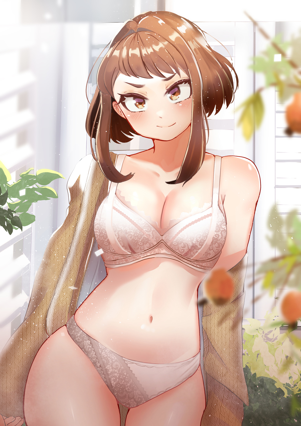 1girls, bangs, bra, breasts, brown hair, brown-haired female, curvy, female, light skin, light-skinned female, my hero academia, ochako uraraka, panties, solo, solo female, underwear, white panties, white underwear, zd (pixiv6210083)