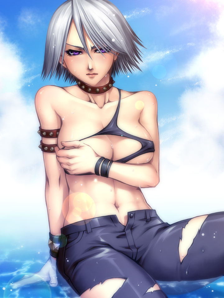 armband big_breasts blush breasts choker christie_(doa) collar color cuff cuffs dead_or_alive dead_or_alive_xtreme_beach_volleyball enf female female_only jeans large_breasts midriff purple_eyes redrop short_hair sitting spiked_collar spikes studded_leather tecmo torn_clothes wet white_hair