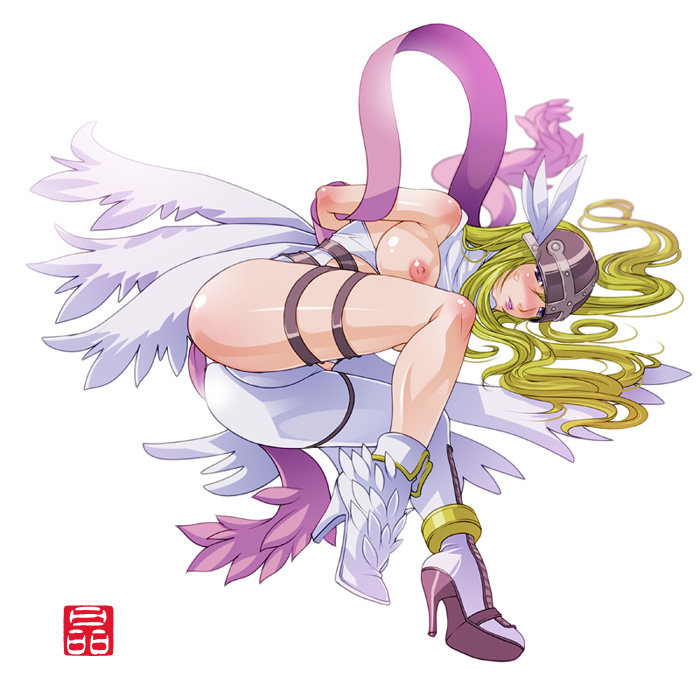 angewomon arms_behind_back ass asymmetrical_clothes bare_shoulders blonde_hair blue_eyes blush bondage boots bound_arms breasts clothes digimon digimon_adventure feathers female female_only green_hair hair helmet high_heel_boots high_heels large_breasts legs lips long_hair mismatched_footwear multi_wing ribbon shoes solo sonobe_kazuaki thigh_strap tied_arms wings