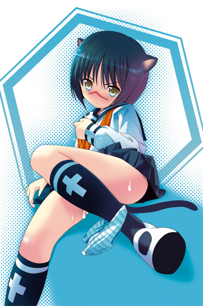 animal_ears black_legwear blue_panties bob_cut busou_renkin cat_ears clothing footwear houmitsu panties panties_around_leg panties_around_one_leg panty_pull print_legwear school_uniform skirt socks solo striped striped_panties tail tokiko_tsumura tsumura_tokiko underwear