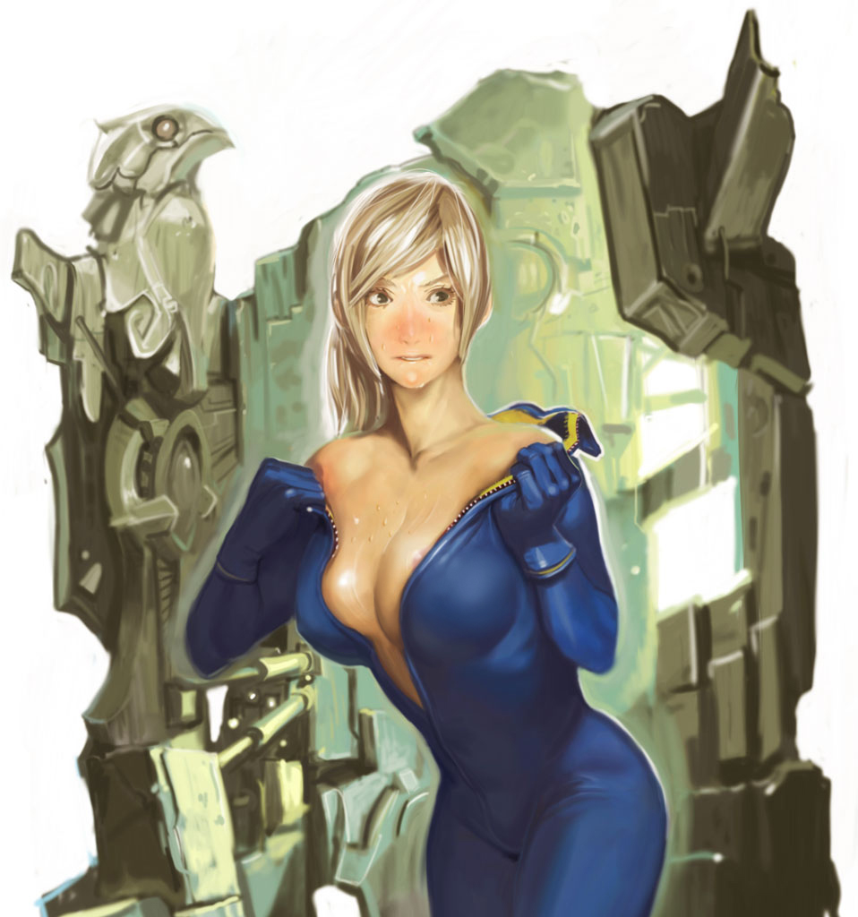 areola biting_lip blonde_hair blush bodysuit breasts center_opening cleavage female female_only human kichin_yarou long_hair marsspider metroid nintendo samus_aran skin_tight solo sweat undressing unzipped unzipped_bodysuit unzipped_zero_suit zero_suit zero_suit_samus