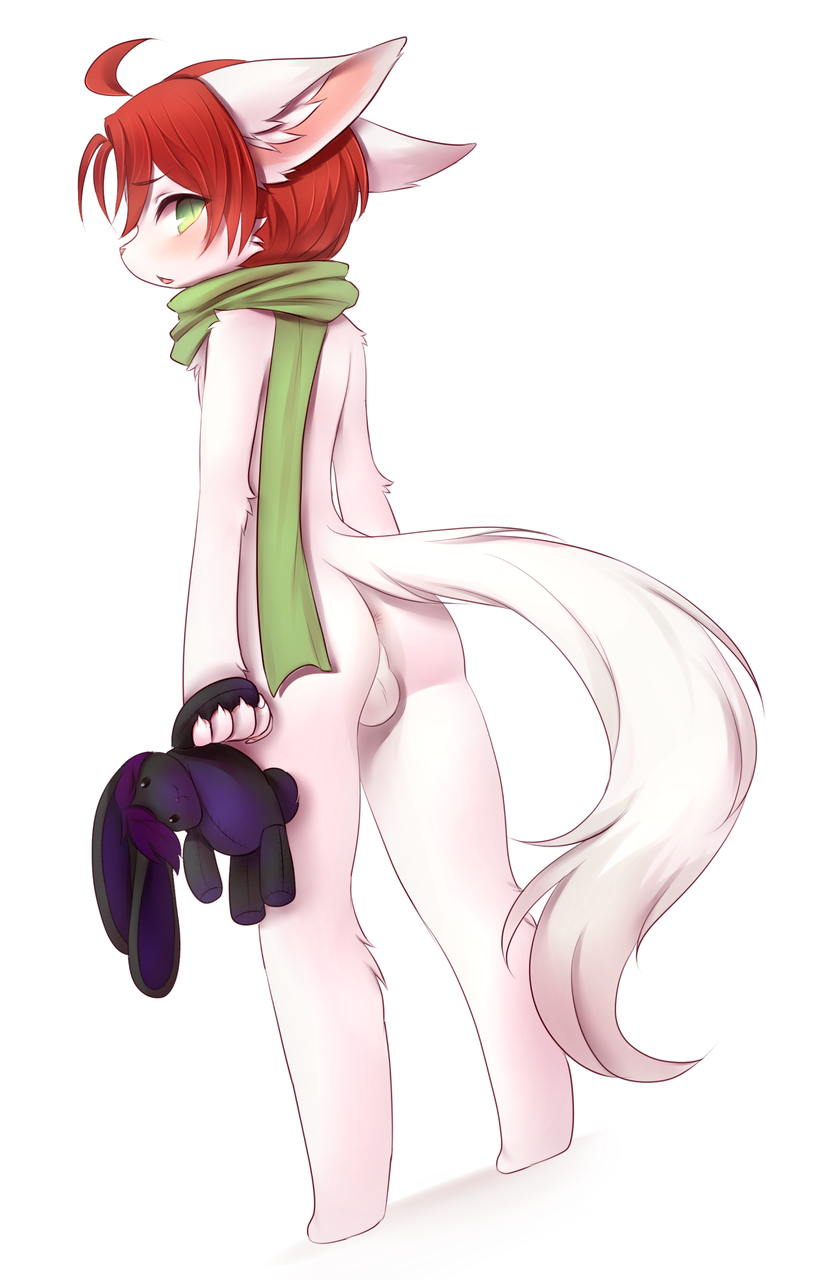 anthro anus ass backsack balls blush canine crunchobar fur green_eyes hair looking_back male mammal open_mouth pink_nose plushie red_hair scarf solo standing vqcn white_fur wolf