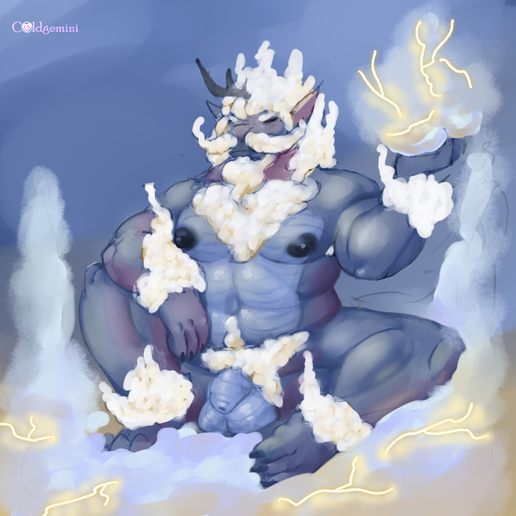 1_horn abs aged_up anthro balls beard biceps cirrus cirrus_(leviathancyrus) claws cloud coldgemini dragon facial_hair flaccid horn lightning magic male male_only mature moustache muscular nipples pecs penis pubes purple_body solo tuft