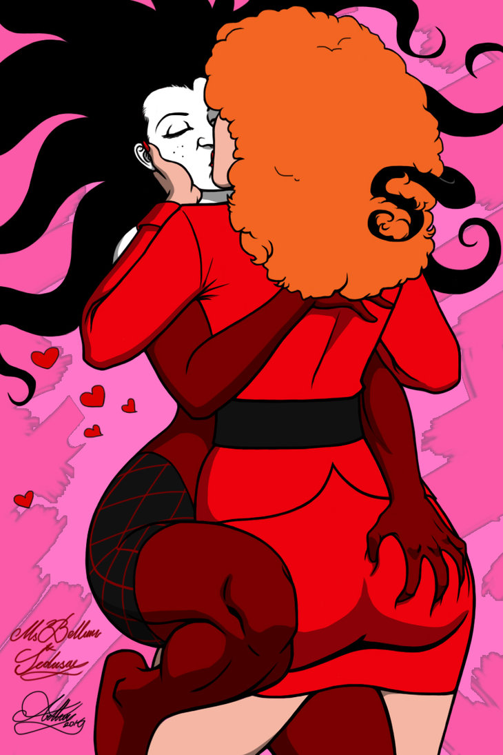 2girls, ass, ass grab, curly hair, elbow gloves, female, gloves, hand on another's face, kaywest, kissing, multiple females, multiple girls, powerpuff girls, red suit, redhead, sara bellum, sedusa, yuri