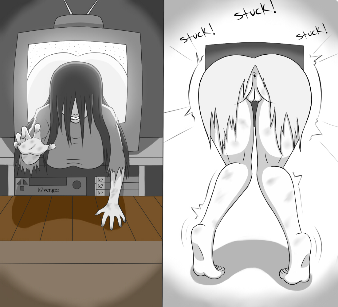 1girls, accidental exposure, accidentally stuck, anus, ass, breasts, clothing, curvy, dress, exposed, exposed anus, exposed ass, exposed pussy, female, female only, femsub, funny, large ass, large breasts, no panties, pussy, stuck, stuck in object, the ring, tv, yamamura sadako
