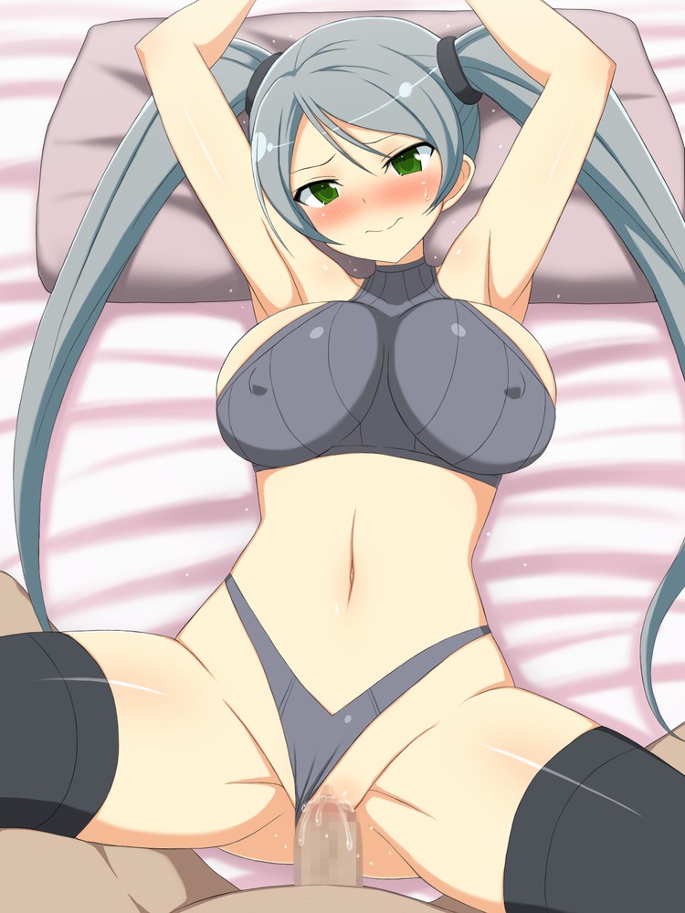 blush breasts censored erect_nipples green_eyes grey_hair happy_sex missionary on_back pov pov_eye_contact senran_kagura tied_hair tsubame_(senran_kagura) twintails vaginal_penetration yaomai