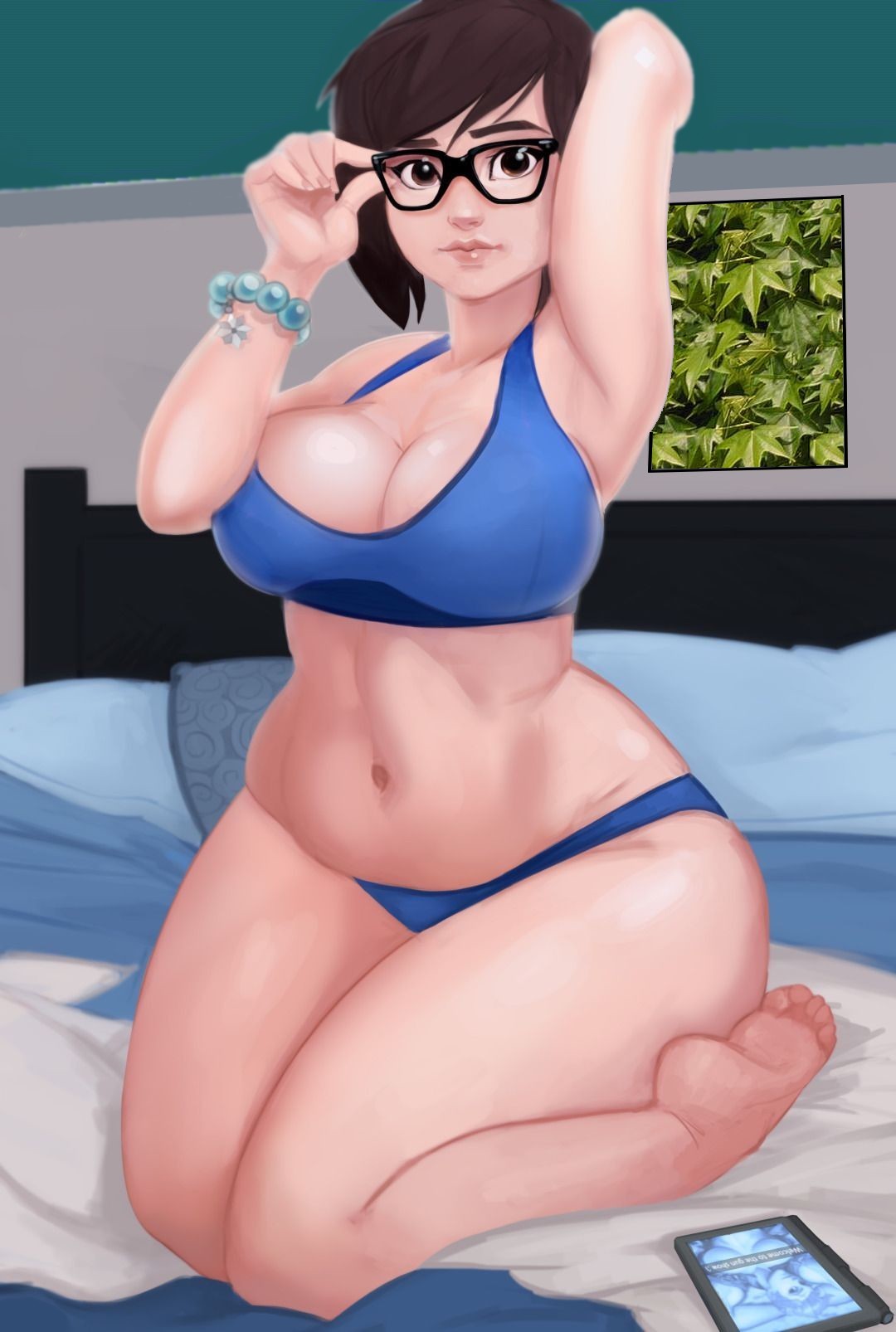 barefoot, big breasts, bra, breasts, brown eyes, brown hair, chubby, curvy, feet, female, female only, glasses, hair bun, hourglass figure, huge hips, huge thighs, kneeling, large breasts, letshavoc, mei (overwatch), navel, overwatch, panties, soles, solo, thick thighs, toes, toned, wariza, wide hips