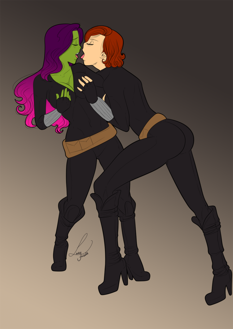 2d 2girls alien alien_girl alien_look_like_human ass avengers belt black_widow_(cosplay) black_widow_(marvel) bodysuit boots breast_grab breasts cleavage closed_eyes female female_only fingerless_gloves gamora gloves green-skinned_female green_skin groping guardians_of_the_galaxy human imminent_kiss interspecies interspecies_yuri large_breasts light-skinned_female light_skin marvel marvel_cinematic_universe multicolored_hair multiple_girls natasha_romanoff open_mouth pink_hair pronon1990 purple_hair red_hair shoes short_hair simple_background tight_clothing tongue tongue_out two_tone_hair yuri zehoberei