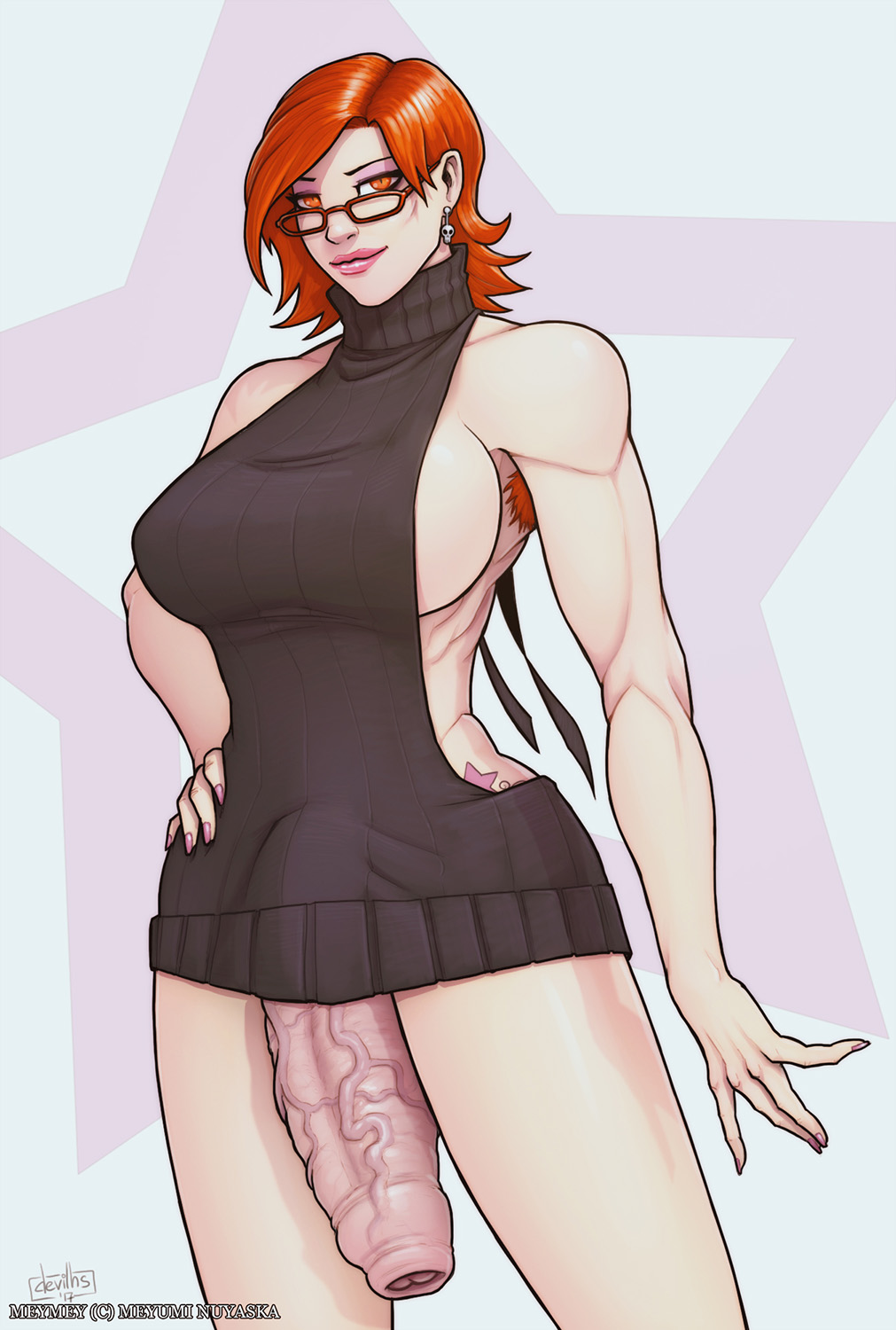 1futa, armpit hair, breasts, cleavage, devil hs, dickgirl, dress, foreskin, futa only, futanari, half-erect, huge cock, intersex, large breasts, looking at viewer, mey-mey, monster cock, orange eyes, original, original character, penis, penis under dress, red hair, solo, uncircumcised, uncut, veiny penis, virgin killer sweater