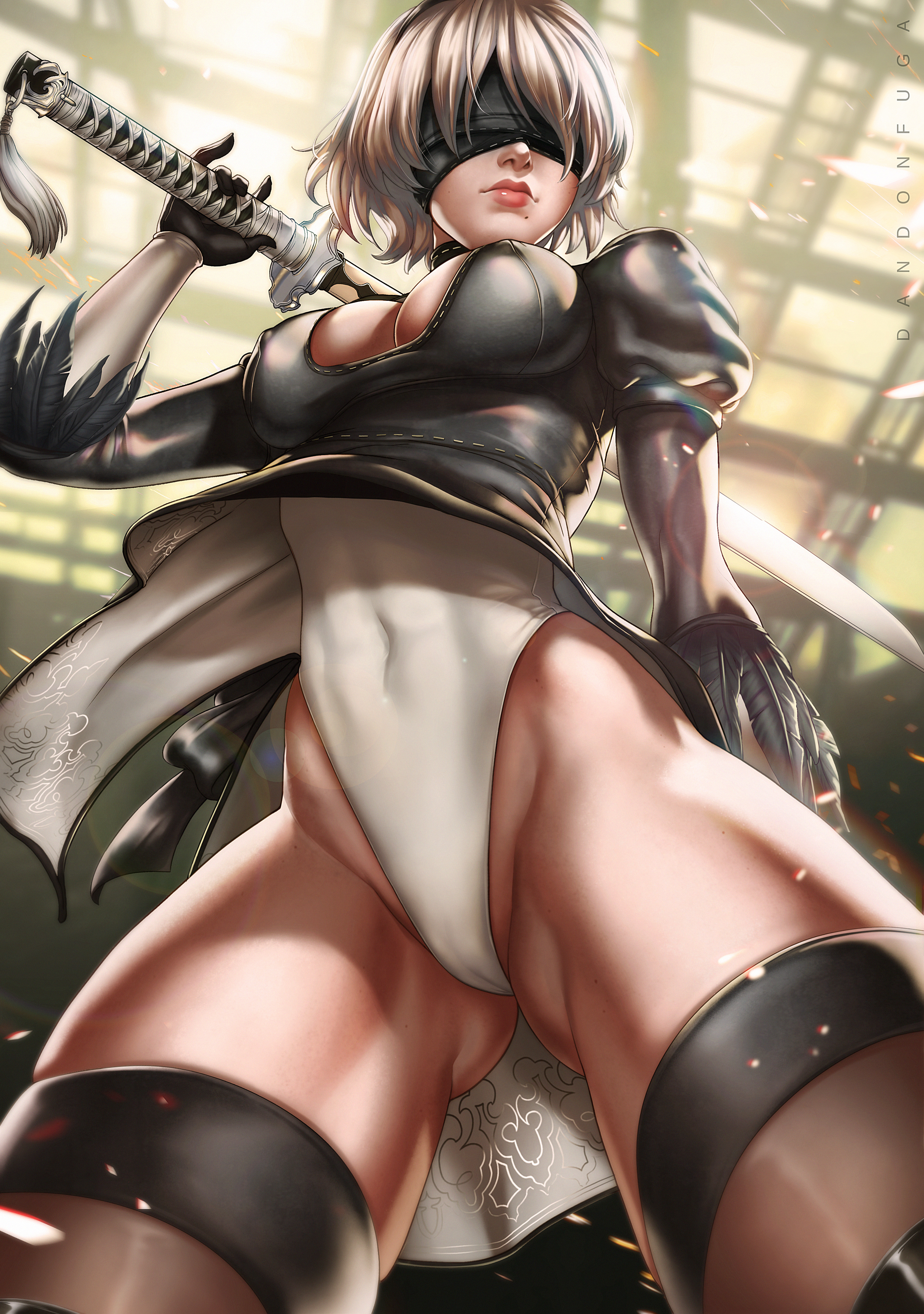 absurdres, action pose, artist name, bangs, beauty mark, blindfold, breasts, cameltoe, cleavage cutout, covered navel, dandon fuga, dress, female, female only, gloves, hairband, highres, holding weapon, katana, large breasts, leotard, low-angle shot, melee weapon, mole, mole under mouth, nier, nier: automata, puffy sleeves, pussy, short hair, standing, sword, thong leotard, tight clothes, toned, weapon, white hair, yorha 2b