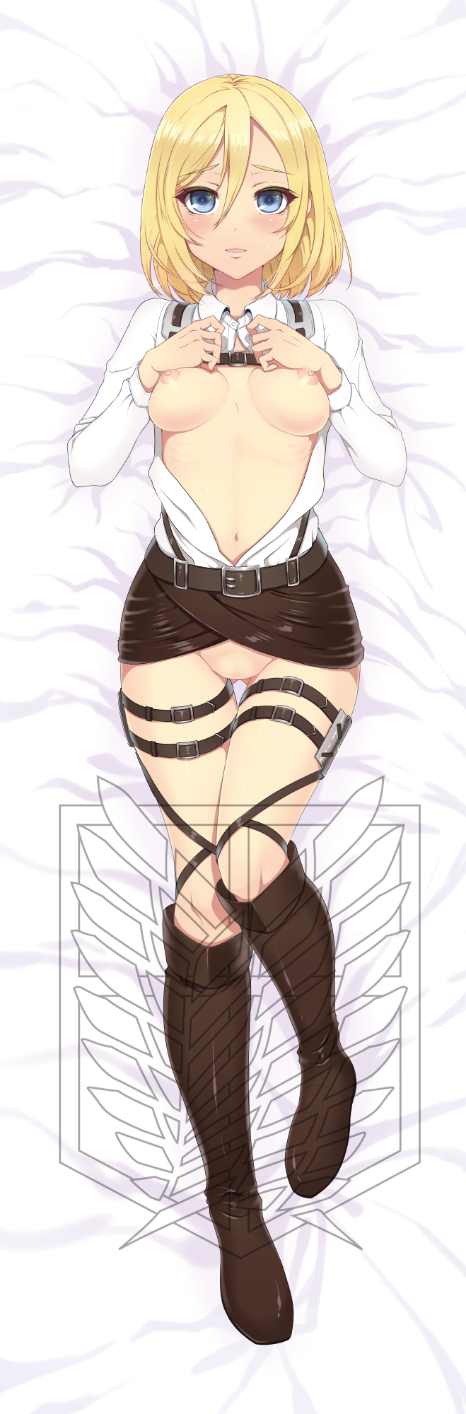 1girls, attack on titan, blonde hair, blue eyes, christa lenz, female, half naked, historia reiss, on bed, shingeki no kyojin, tagme