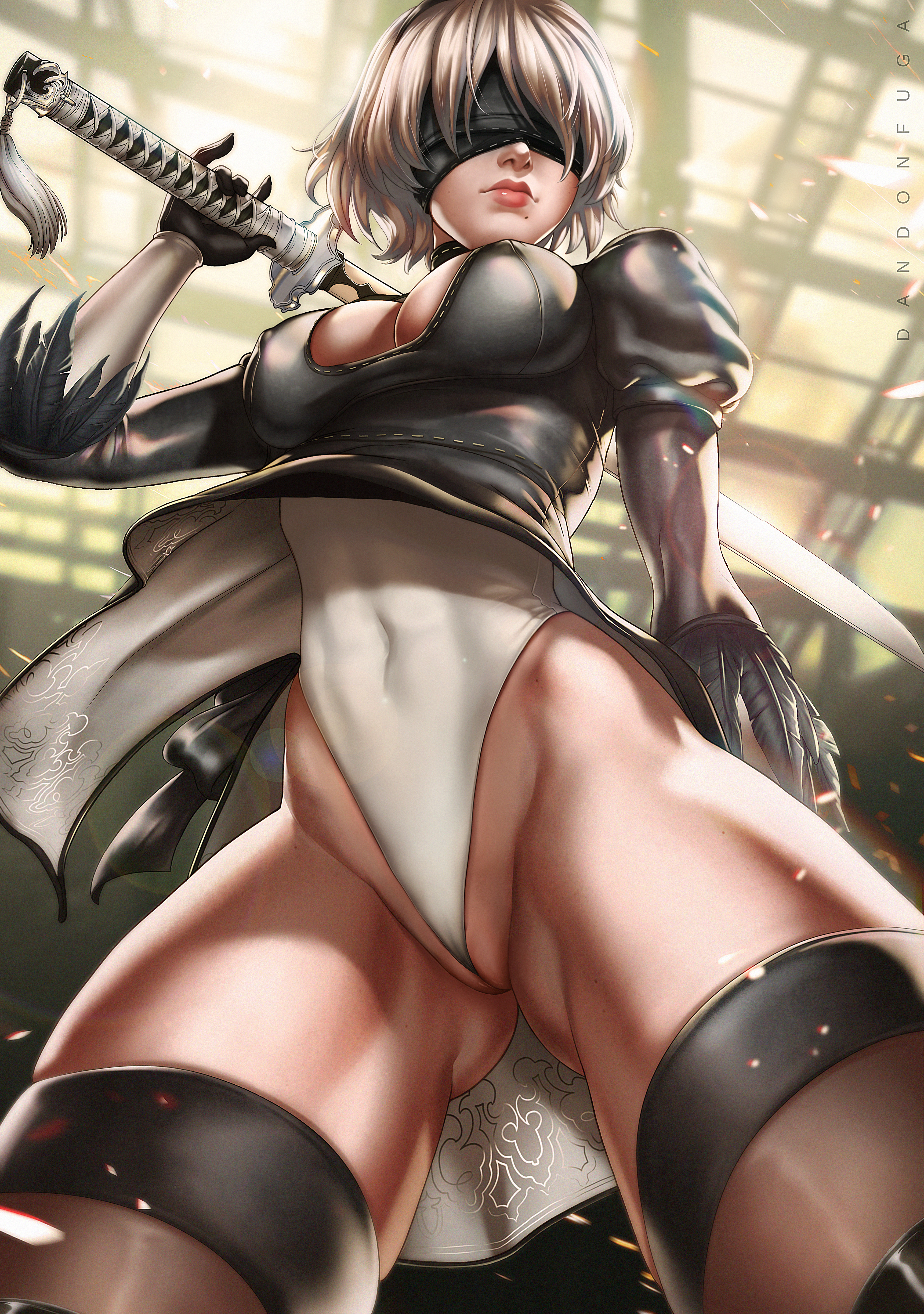 absurdres, action pose, artist name, bangs, beauty mark, between legs, blindfold, breasts, cleavage cutout, covered navel, dandon fuga, dress, female, female only, gloves, hairband, hairless pussy, highres, holding weapon, innie pussy, katana, large breasts, leotard, low-angle shot, melee weapon, mole, mole under mouth, nier, nier: automata, puffy sleeves, pussy, pussy floss, short hair, standing, sword, thong leotard, tight clothes, toned, weapon, white hair, yorha 2b