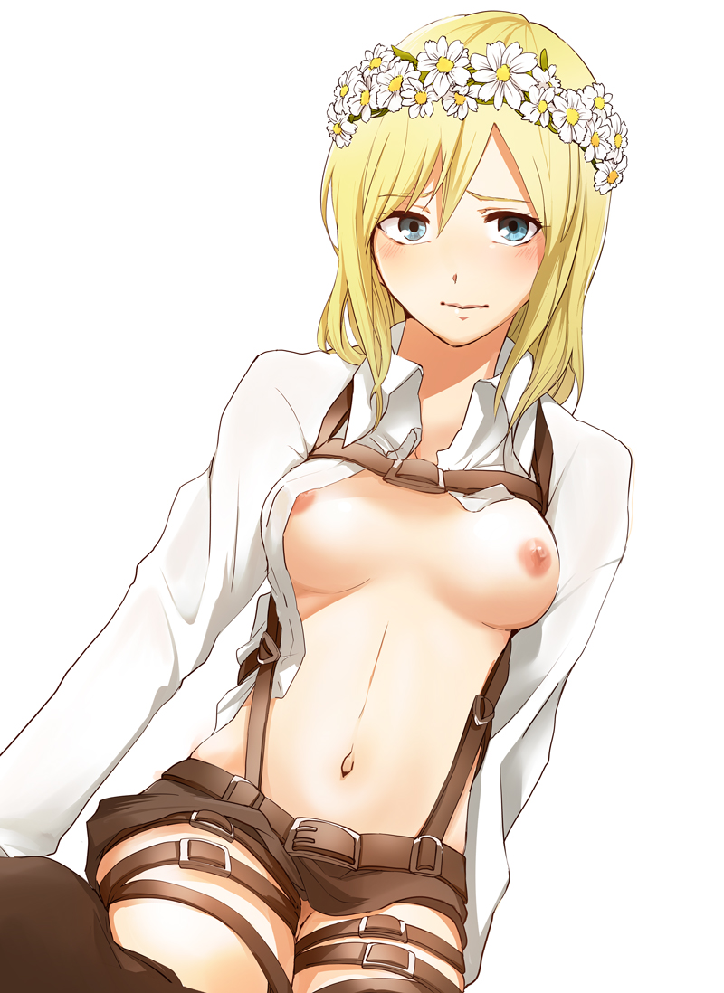 1girls, areolae, attack on titan, blonde hair, blue eyes, breasts, christa lenz, clothed, exposed, exposed breasts, female, historia reiss, medium breasts, nipples, open shirt, princess, royalty, shingeki no kyojin, smile, solo, tagme