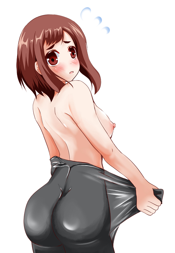 1girls, ass, breasts, brown eyes, brown hair, female, female only, my hero academia, nipples, ochako uraraka, short hair, solo, stripping, superhero, topless