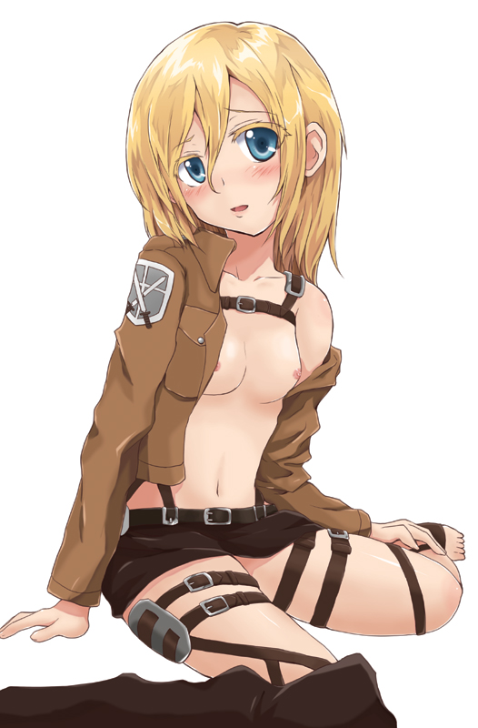 1girls, attack on titan, blonde hair, blue eyes, breasts, christa lenz, exposed, exposed breasts, female, historia reiss, open shirt, shingeki no kyojin, small breasts, solo, tagme, thighs