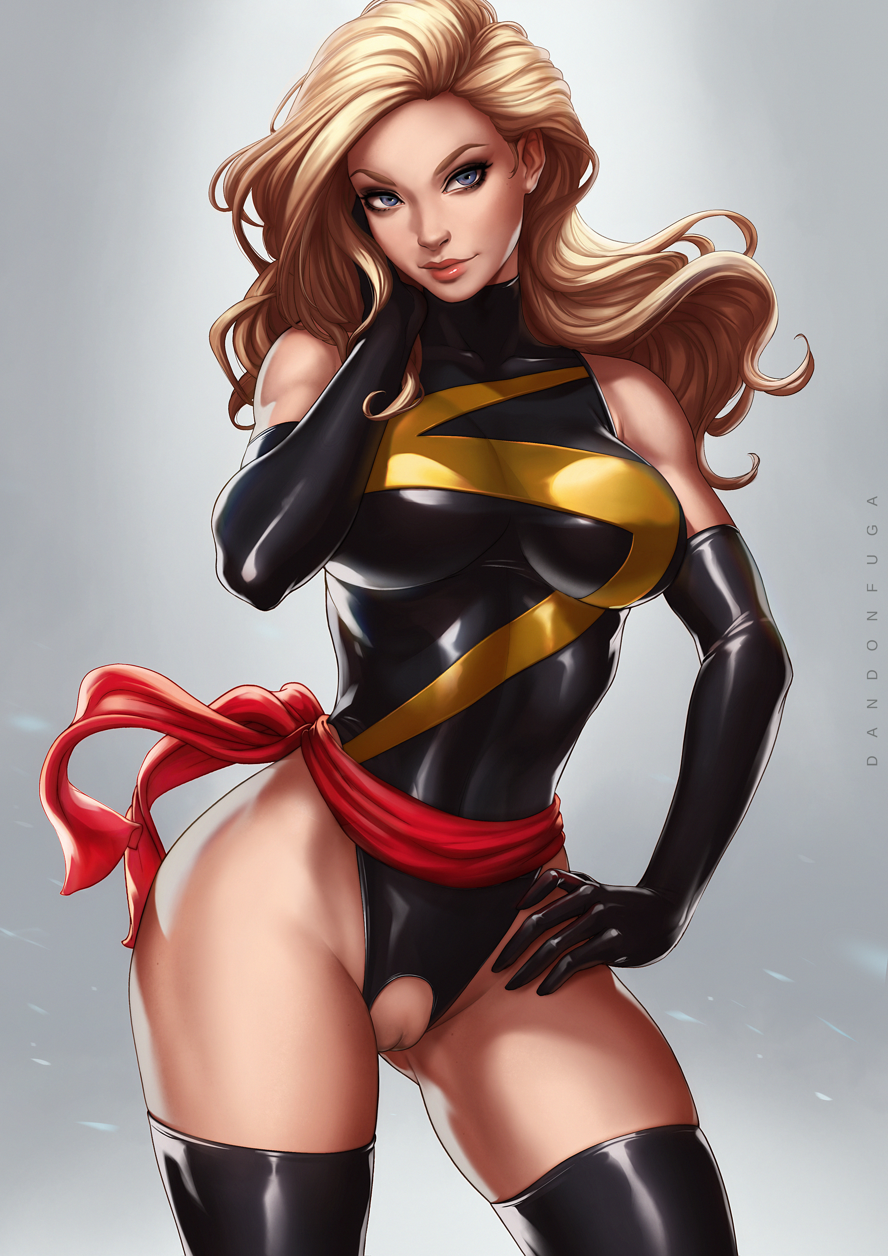 1girls, artist name, bare shoulders, black gloves, black legwear, black leotard, blonde hair, blue eyes, boots, breasts, carol danvers, closed mouth, collarbone, contrapposto, covered breasts, cowboy shot, dandon fuga, elbow gloves, female, female only, gloves, grey background, hand on own cheek, hand on thigh, head tilt, hips, impossible clothes, impossible leotard, large breasts, legwear, leotard, long hair, looking at viewer, marvel, marvel comics, ms. marvel, ms. marvel (carol danvers), nipples, pussy, sash, skin tight, smile, solo, standing, thigh boots, thighhighs, vagina, watermark