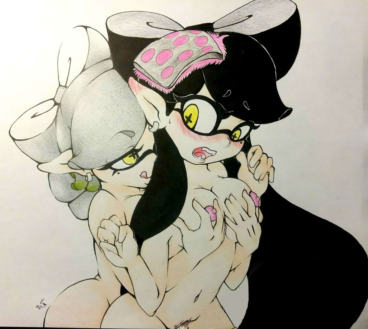 2girls, arms up, black hair, blush, breasts, callie (splatoon), cephalopod humanoid, color, cousins, female, female only, grabbing from behind, grey hair, handdrawn, incest, light skin, marie (splatoon), mouth open, multiple females, multiple girls, nintendo, nipples, smooth skin, splatoon, splatoon (series), squid sisters, tentacle hair, tongue, yellow eyes, yuri