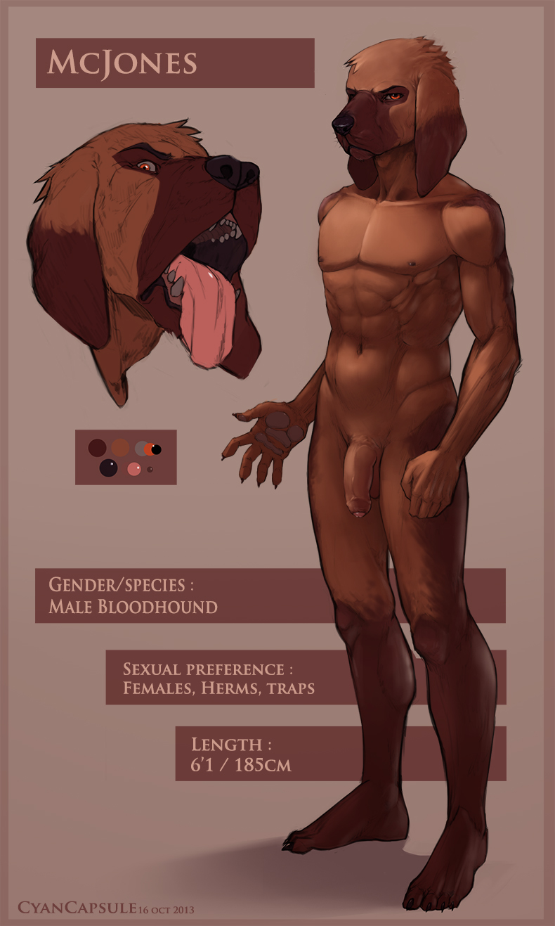 2013 4_toes 5_fingers abs animal_genitalia anthro athletic balls biceps black_nose bloodhound brown_fur canine claws cyancapsule english_text fangs flaccid frown fur hi_res humanoid_penis looking_at_viewer male mammal mcjones model_sheet muscular muscular_male navel nipples nude open_mouth orange_eyes pawpads paws pecs penis pose presenting sheath solo standing teeth text toe_claws toes tongue tongue_out uncut vein