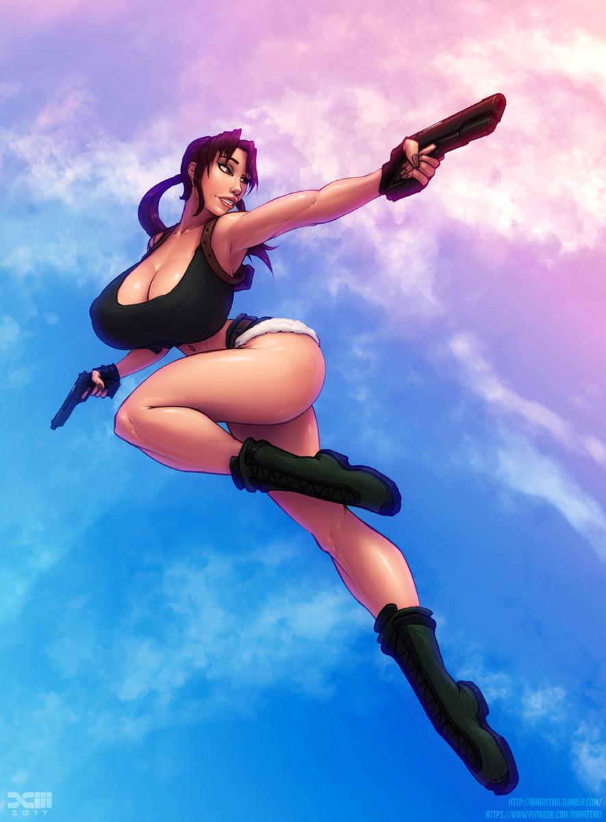 ass, barretxiii, big breasts, black lagoon, breasts, cleavage, female, female only, gun, large breasts, revy, short shorts, solo, weapon