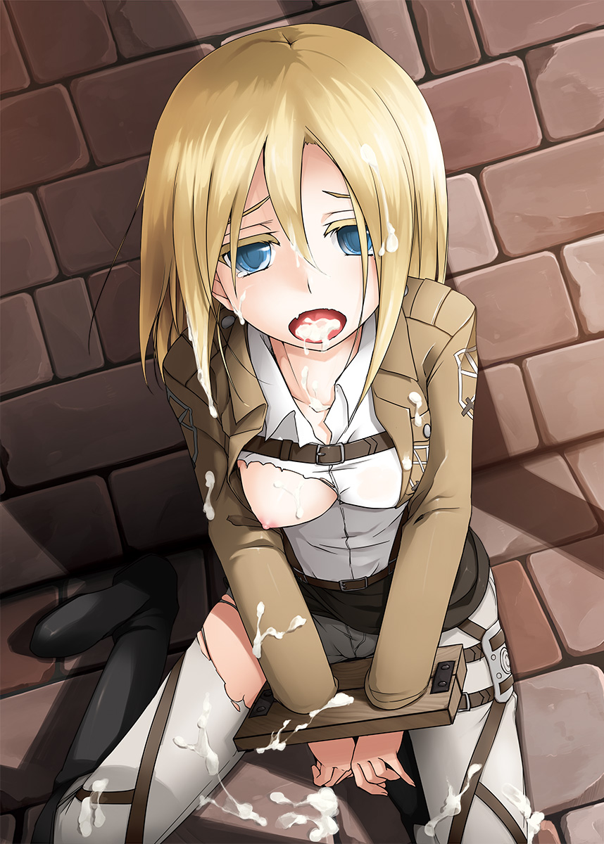 1girls, attack on titan, blonde hair, blue eyes, christa lenz, clothed, cum, cum in mouth, cum on body, female, historia reiss, shingeki no kyojin, tagme