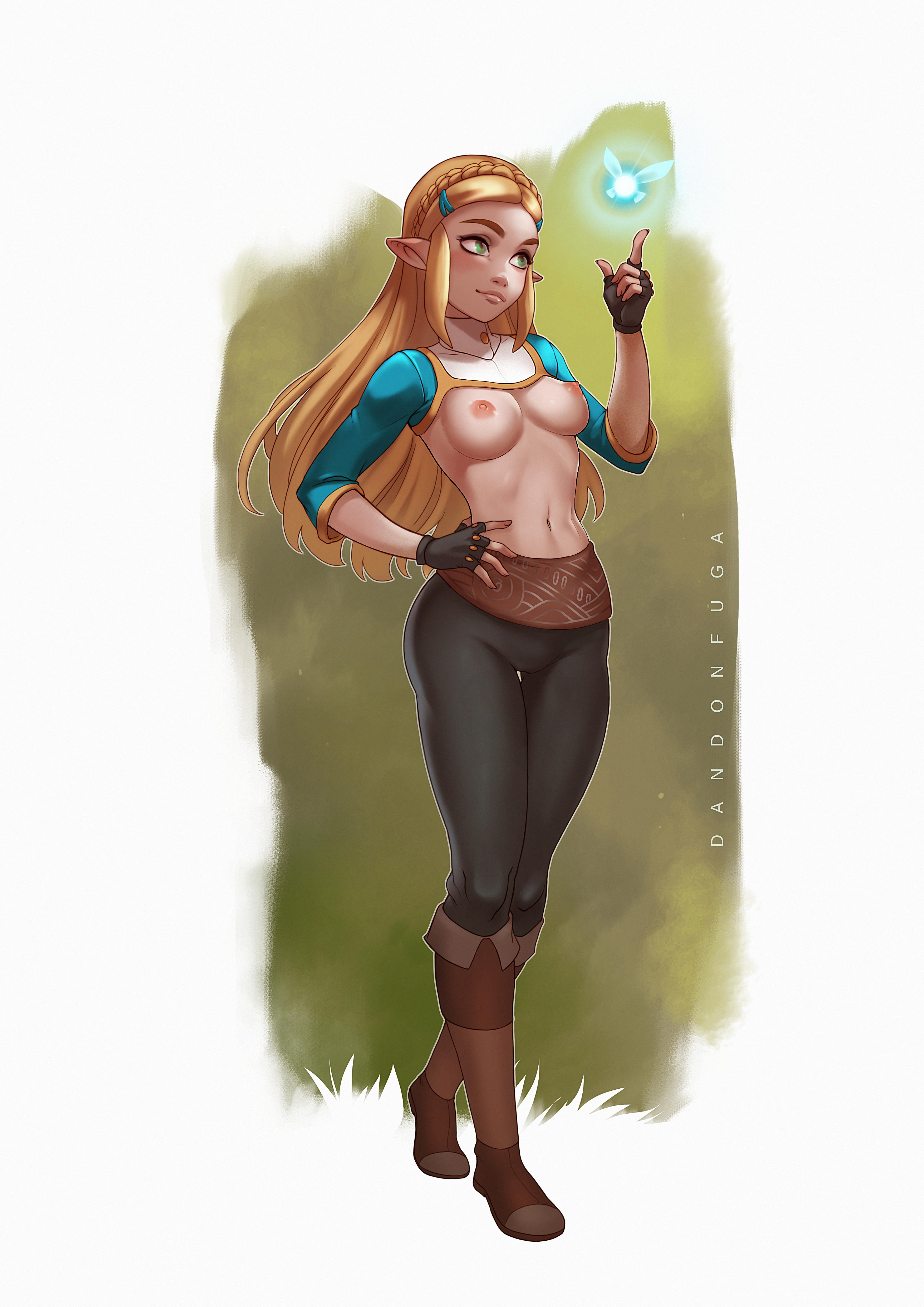 absurdres, areolae, artist name, blonde hair, boots, braid, breasts, breasts out, breath of the wild, casual exposure, clothes, curvy, dandon fuga, fairy, female, female only, fingerless gloves, full body, gloves, green eyes, hand on hip, highres, knee boots, long hair, medium breasts, navel, navi, nintendo, nipples, pointy ears, princess, princess zelda, sash, shrug (clothing), sidelocks, solo, standing, the legend of zelda, thigh gap, tied hair, tight clothes, tights, very long hair, zelda (breath of the wild)