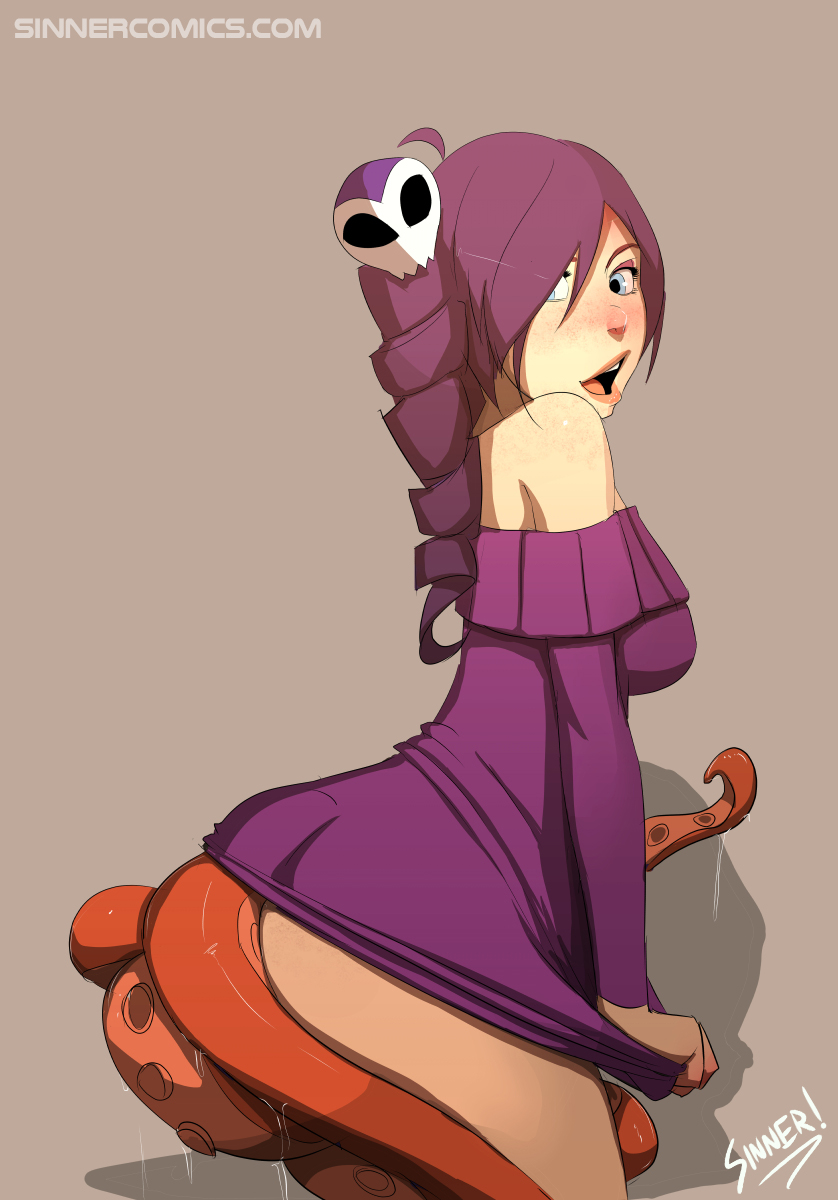 1girls, breasts, cleavage, consensual tentacles, eyeshadow, female, lipstick, makeup, purple hair, sillygirl, sinner, tentacle, tentacles, zone-tan