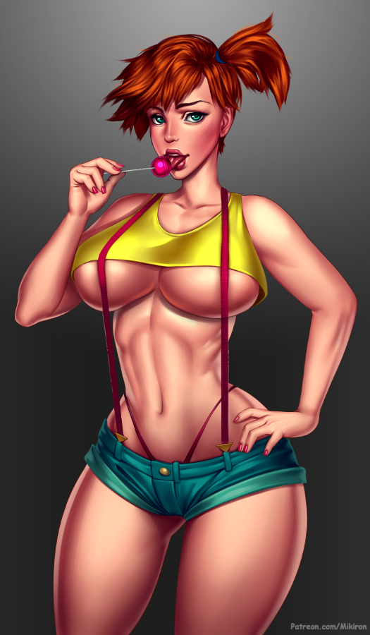 1girls, alternate breast size, big breasts, breasts, brown hair, busty, cleavage, female, female only, green eyes, human, human only, kasumi (pokemon), large breasts, lollipop, looking at viewer, mikiron, nail polish, nintendo, pokemon, short shorts, solo, suspenders, text, thong, tongue, tongue out, underboob, voluptuous, whale tail