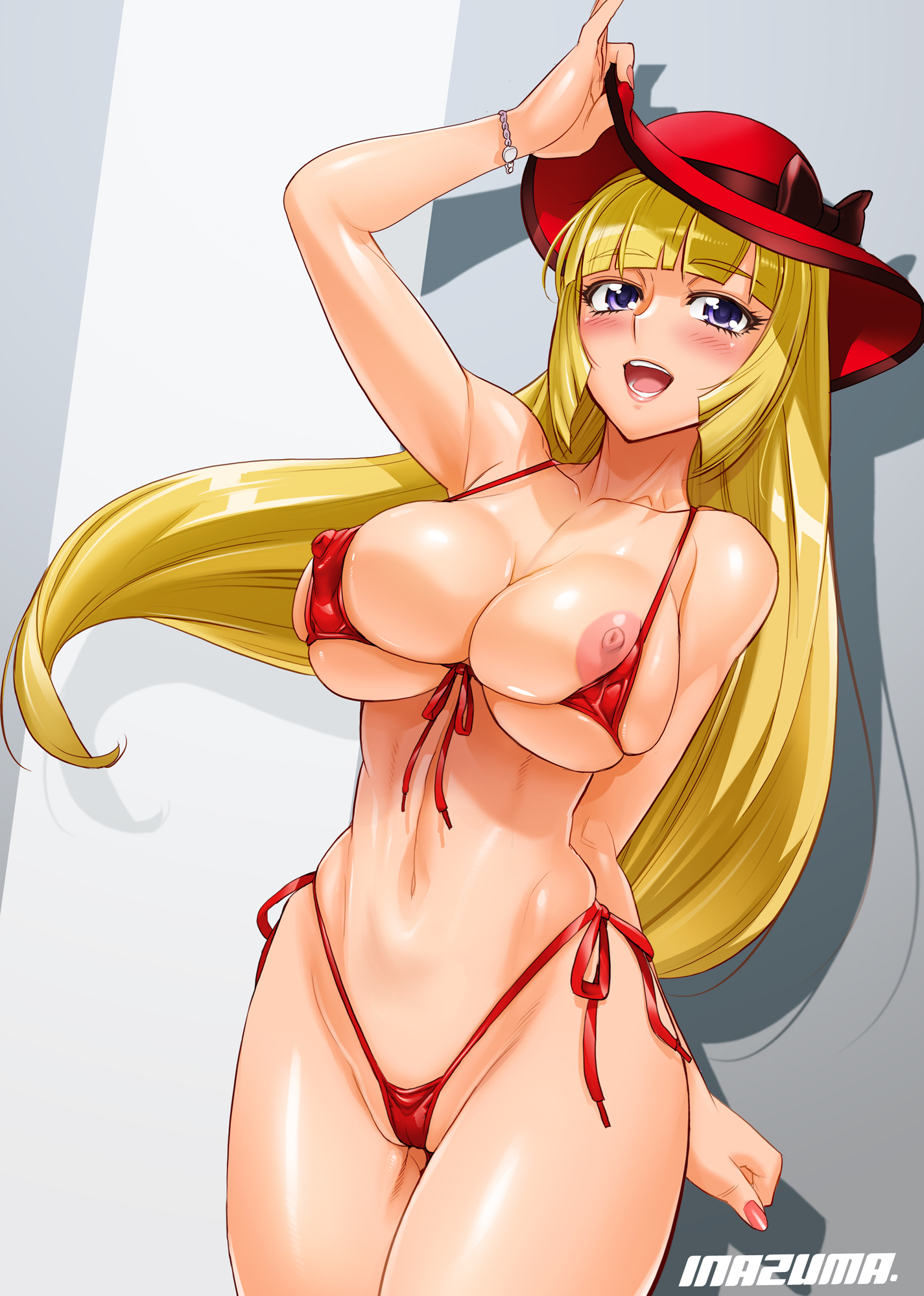 1girls, archway of venus, areolae, belly, bikini, blonde, blonde female, blonde hair, blush, breasts, breasts out, cameltoe, cleavage, clothing, covered breasts, cowboy shot, erect nipples, erect nipples under clothes, female, female only, gundam, gundam tekketsu no orphans, hat, high resolution, hips, huge breasts, inazuma, kudelia aina bernstein, large breasts, legs, long hair, looking at viewer, micro bikini, navel, nipple bulge, nipple slip, nipples, nipples visible through clothing, one breast out, open mouth, purple eyes, pussy, pussy visible through bikini, pussy visible through clothes, pussy visible through swimsuit, pussy visible through thong, red bikini, satou shouji, smile, solo, standing, swimsuit, teeth, thighs, thong, tongue
