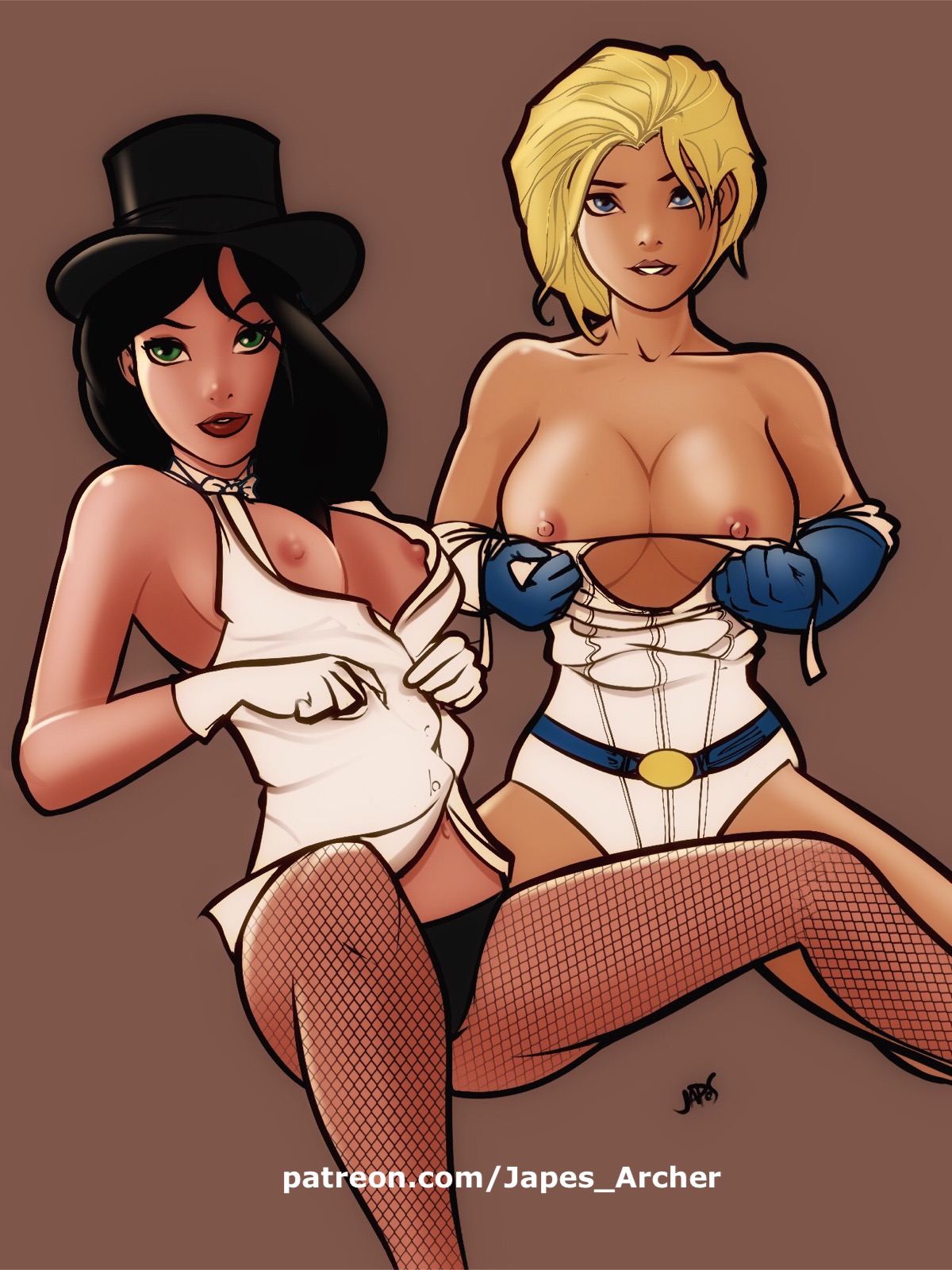 2girls, bare shoulders, black hair, blonde, blonde hair, blue eyes, breasts, dc, dc comics, female, female only, fishnet, fishnet pantyhose, gauntlets, gloves, hat, hips, japes, justice league, kara zor-l, karen starr, large breasts, legs, legwear, leotard, long hair, multiple females, multiple girls, nipples, pantyhose, power girl, short hair, signature, simple background, spread legs, straight hair, superman (series), text, thighs, zatanna, zatanna zatara