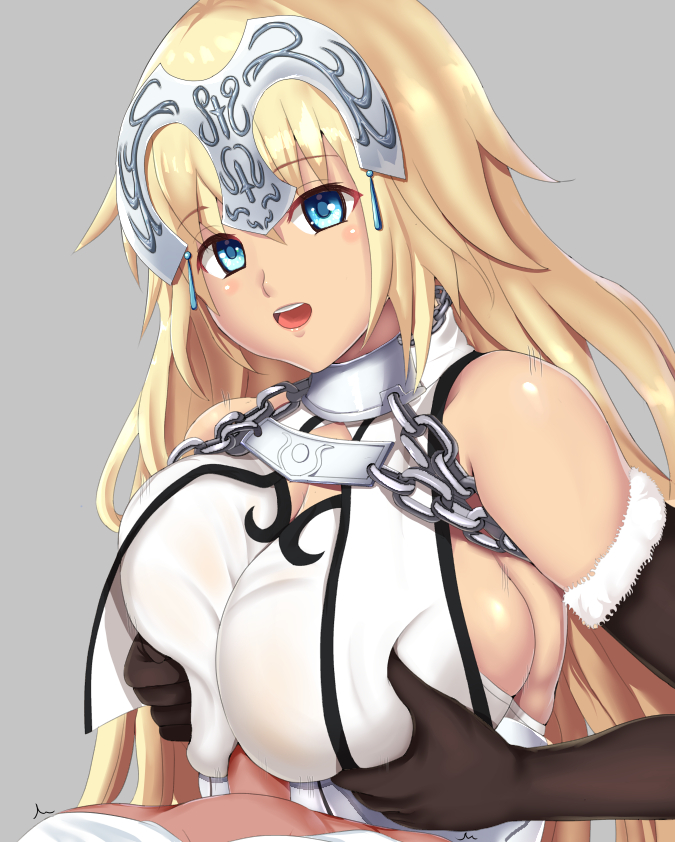 :d araimooah bangs bare_shoulders black_gloves blonde_hair blue_eyes blush breast_squeeze breasts chains elbow_gloves fate/grand_order fate_(series) female gloves headpiece jeanne_d'arc_(fate) large_breasts long_hair looking_at_viewer open_mouth paizuri paizuri_over_clothes sideboob smile solo_focus upper_body