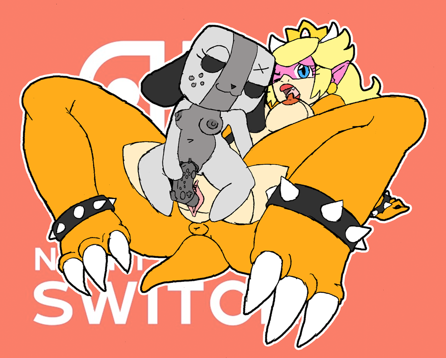 2girls anus blonde_hair blue_eyes breasts claws controller crown dildo female female_only horn invalid_tag koopa mario_(series) multiple_girls nintendo nintendo_switch nipples nude princess_koopa princess_peach pussy scales scalie sex_toy sharp_claws spread_legs switch_dog transformation tryfag vaginal_penetration yuri