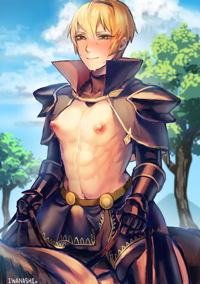 1boy abs armor blonde_hair blush bulge erection erection_under_clothes erection_under_loincloth fire_emblem fire_emblem_fates heart-shaped_pupils horse ibara_nashio leo_(fire_emblem) looking_at_viewer male_only muscle nature nipples outdoors puffy_nipples sky smiling smiling_at_viewer solo sweat tagme testicles topless_male tree