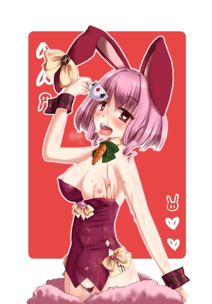 blush breasts bunny_ears cup hare_humanoid heart heart-shaped_pupils march_hare_(monster_girl_encyclopedia) monster_girl monster_girl_encyclopedia nipples open_mouth panties pink_hair pours_out red_eyes short_hair tongue tongue_out