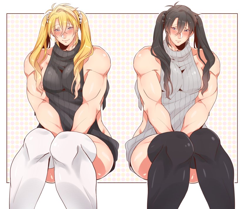 2boys ambush_(trap) androgynous black_hair blonde_hair blush crossdressing femboy girly iljws663 kanojo_o_netotta_yarichin_otoko_o_mesu_ochi_saseru_made makishima_reiji male multiple_boys muscle muscular muscular_femboy sissy sweater tied_hair trap twintails virgin_killer_sweater yarimesu