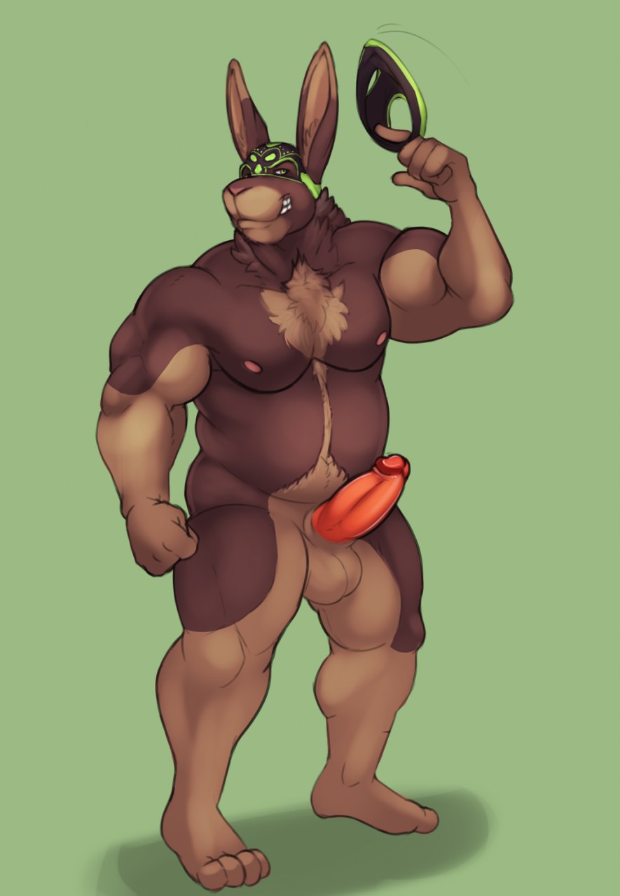 2016 4_toes 5_fingers anthro balls barefoot biceps biped black_fur brown_balls brown_fur brown_nipples clothing erection feet front_view full-length_portrait fur glans green_background green_eyes hi_res holding_clothing holding_object horrorbuns humanoid_hands humanoid_penis lagomorph long_ears looking_at_viewer male male_only mammal mask multicolored_fur musclegut muscular muscular_male nipples nude pecs penis pink_penis plantigrade portrait rabbit rocky_(bigmaster) simple_background smile smirk snout solo standing toes two_tone_fur underwear wrestler