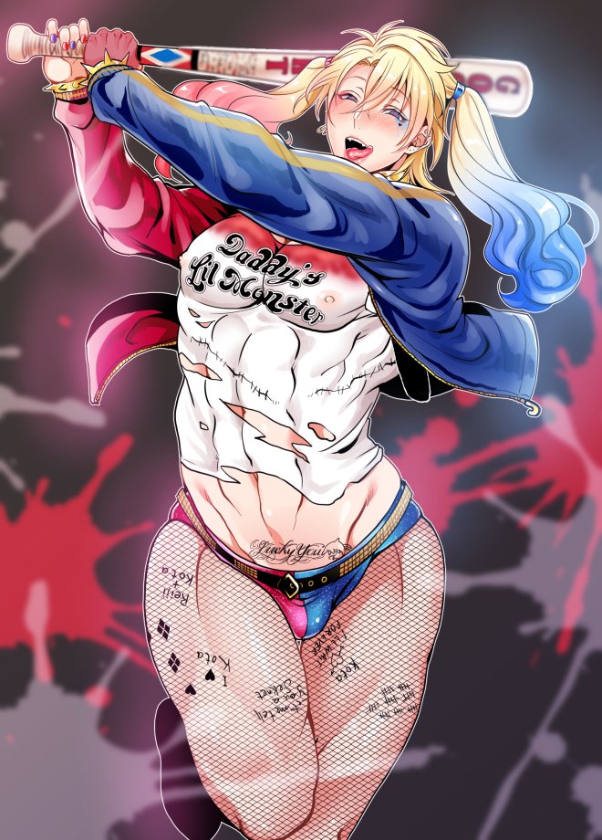 1boy, ambush (trap), androgynous, baseball bat, blonde hair, bulge, cosplay, crossdressing, crossplay, dc, dc comics, dc extended universe, earth 11, eyeshadow, femboy, fishnet pantyhose, fishnets, genderswap, genderswap (ftm), girly, harley quinn, iljws663, licking lips, lipstick, makeup, male, male only, muscular, rule 63, solo, spiked bracelet, suicide squad, tattoo, tied hair, torn clothes, trap, twintails