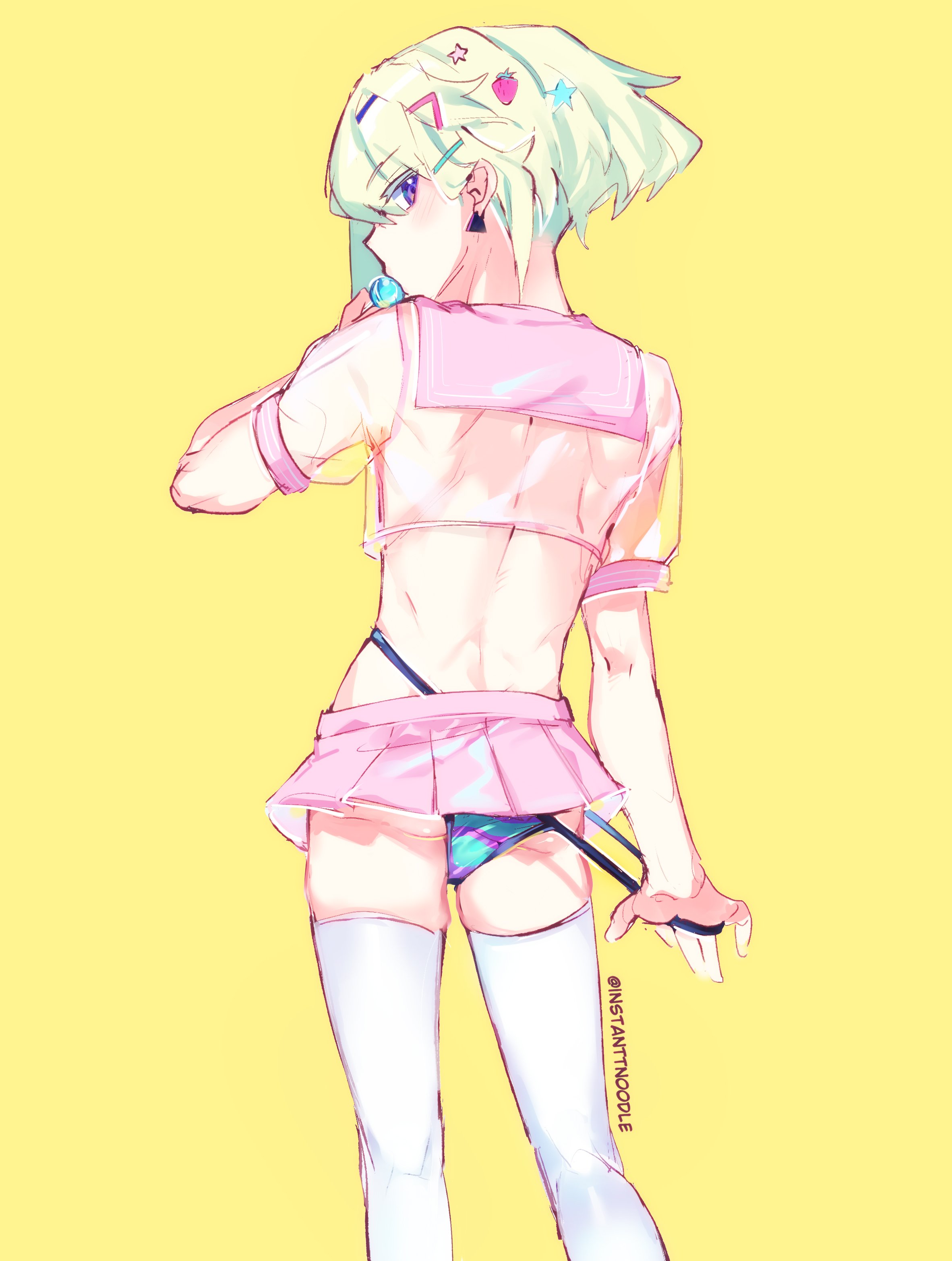 2d, 2d (artwork), crossdressing, femboy, instanttnoodle, lio fotia, lollipop, male, panties, petite, promare, slim waist, stockings, twink