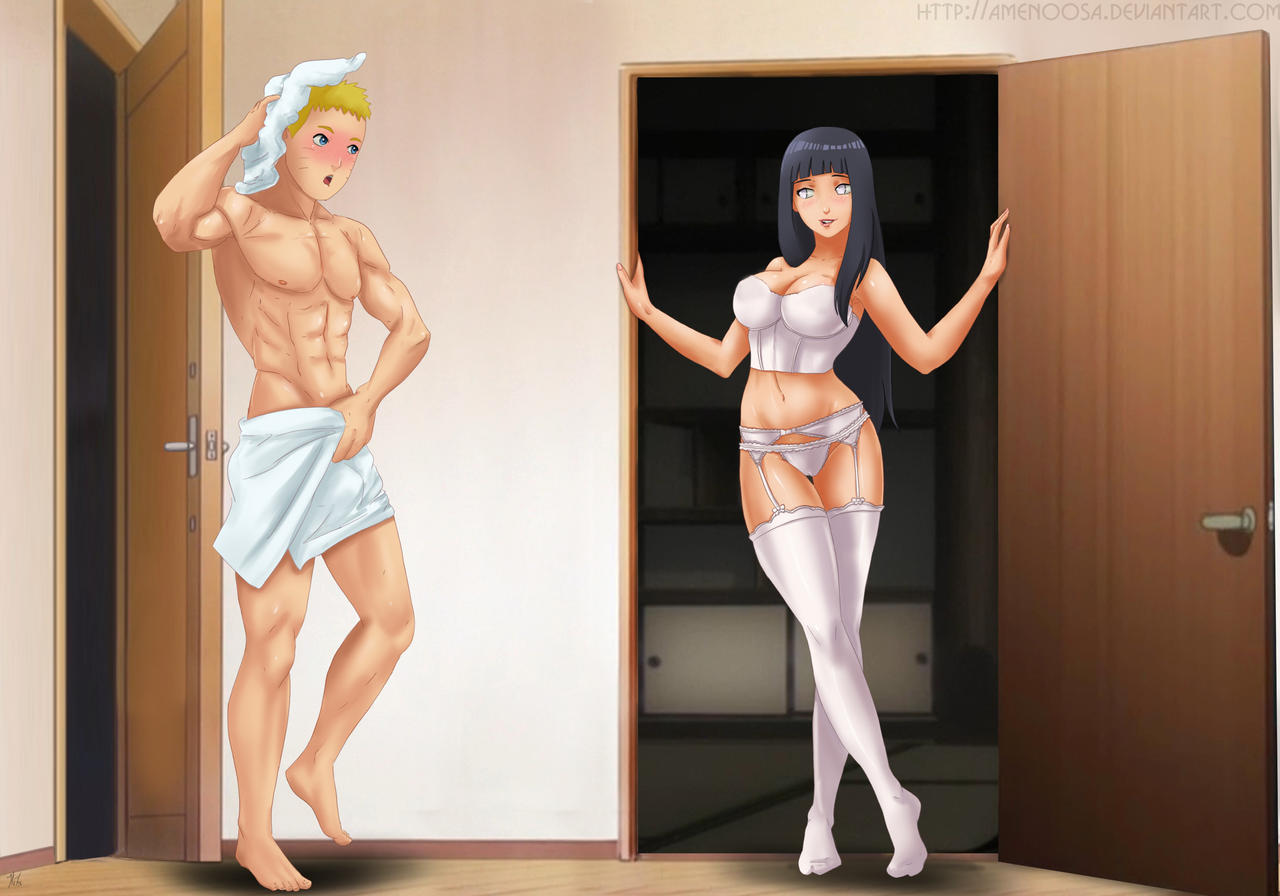 1boy, 1girls, amenoosa, biting lip, blush, canon couple, door, doorway, female, hyuuga hinata, legs crossed, lingerie, male, naruto, naruto (series), naruto: the last, standing, towel, uzumaki naruto
