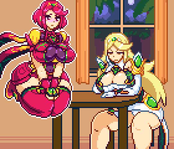 ass, blonde hair, breasts, breasts on table, countmoxi, female, floating, golden eyes, headband, huge breasts, living room, mythra, mythra (xenoblade), no nut november, part 4, pixel animation, pixel art, planning, pyra, pyra (xenoblade), red eyes, red hair, sitting on chair, table, thick ass, thick thighs, unfinished, xenoblade (series), xenoblade chronicles (series), xenoblade chronicles 2