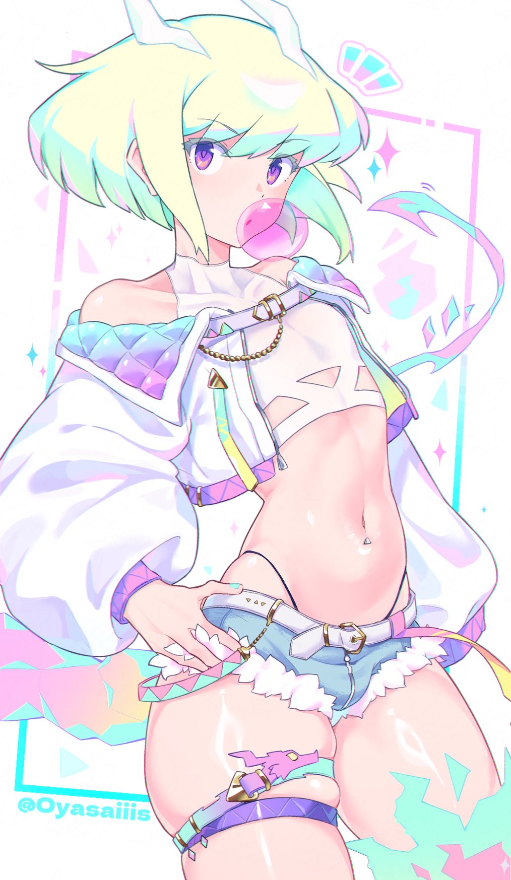 androgynous, bulge, clothing, crossdressing, femboy, lio fotia, male, midriff, oyasaiiis, petite, promare, short hair, shorts, slim waist, thick thighs, twink