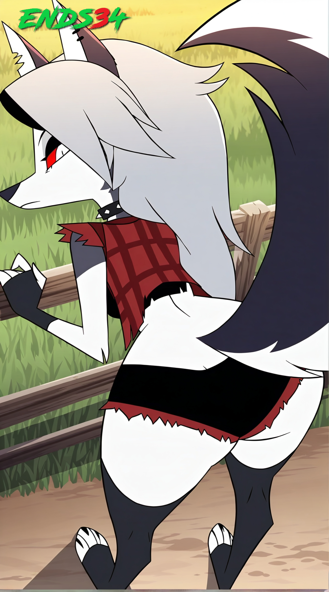 1girls, 2025, ai generated, anthro, ass, ass focus, ends34, female, female only, fingerless gloves, furry female, hellhound, helluva boss, jeans shorts, long hair, looking back, loona (helluva boss), shorts, spiked collar, tail, thigh highs, thighhighs, wolf, wolf girl