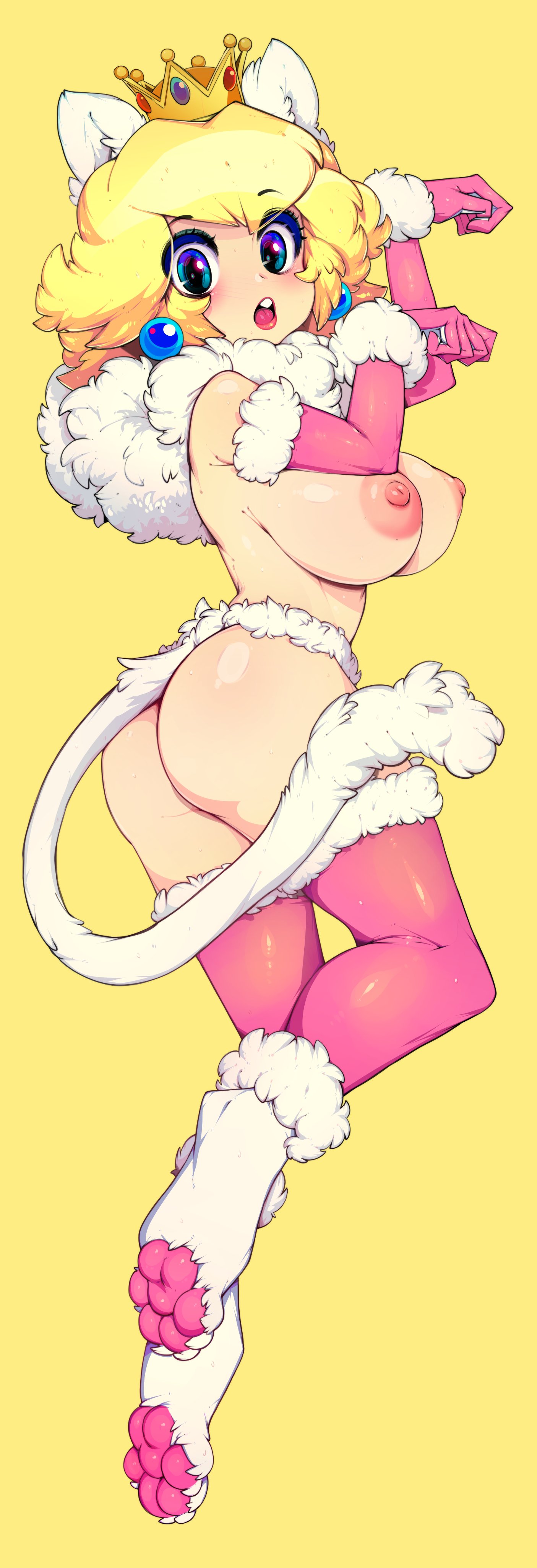 1girls, ass, blonde hair, blue eyes, breasts, cat ears, cat girl, cat tail, catgirl, crown, ear piercing, female, female only, human, human only, large breasts, light skin, light-skinned female, mario (series), nintendo, nipples, princess, princess peach, royalty, slugbox, solo, solo female, solo focus, super mario bros., tagme, tail, voluptuous, voluptuous female, yellow background