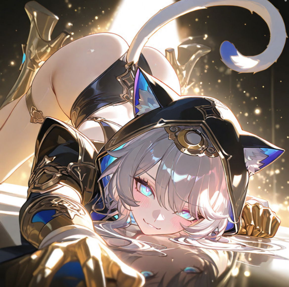 1girls, ai generated, ass, ass focus, ass up, blue eyes, blush, cat ears, cat girl, cat tail, catgirl, cipher (honkai: star rail), female, heels, high heels, honkai: star rail, jack-o pose, solo, white hair
