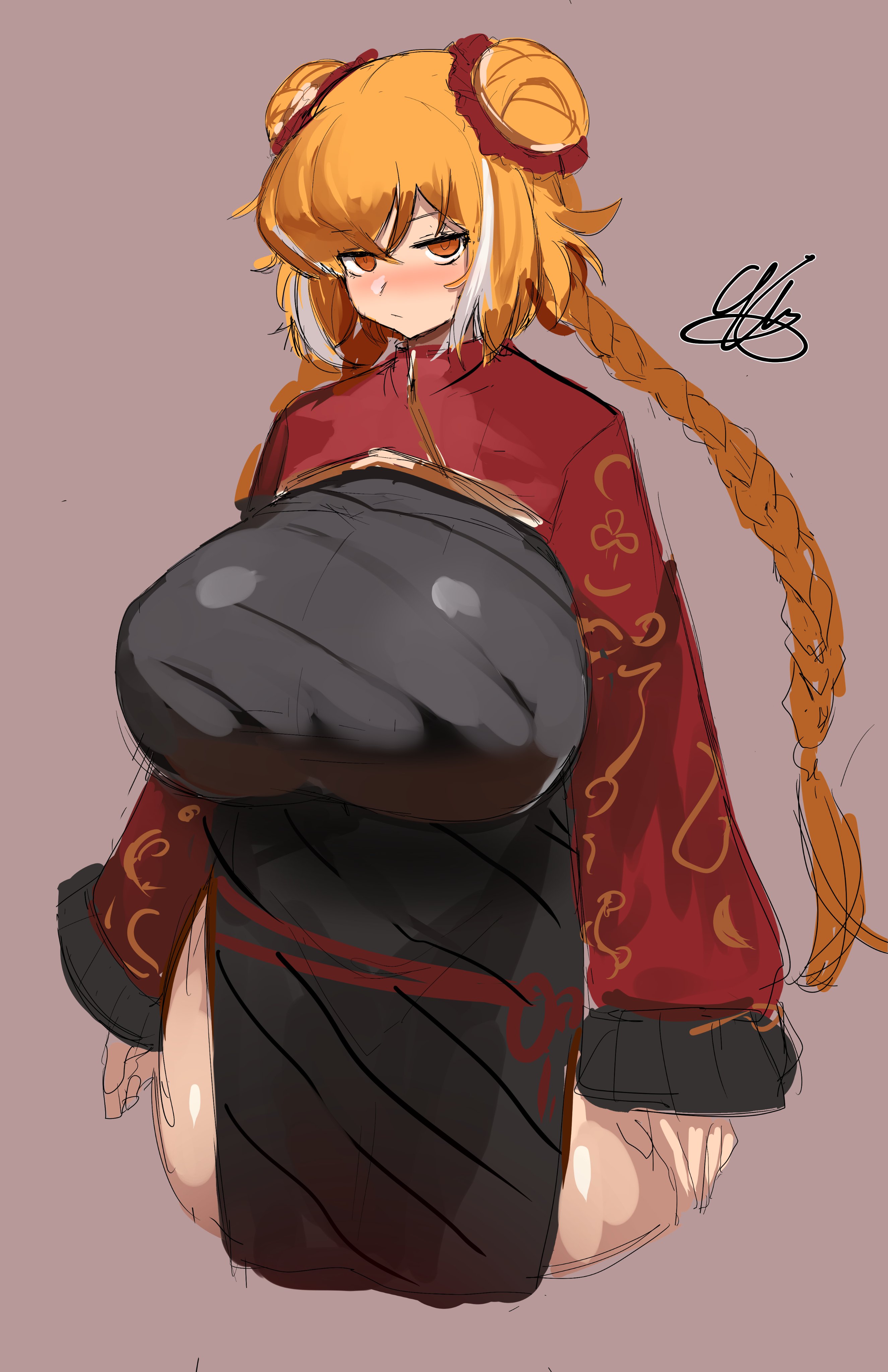 1girls, 9is, blush, braided hair, breasts, busty, chinese clothes, dress, female, female only, hair bun, huge breasts, ishmael (limbus company), light skin, light-skinned female, limbus company, long sleeves, looking at viewer, orange eyes, orange hair, project moon, solo, thick thighs, tied hair, twin braids, wide sleeves
