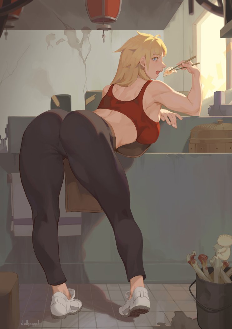 1girls, apron, blonde hair, blue eyes, cameltoe, clothing, dorohedoro, eating, female, gyoza, huge butt, leaning forward, looking back, nidhoggn, nikaidou (dorohedoro), questionable, restaurant, solo, solo female, sports bra
