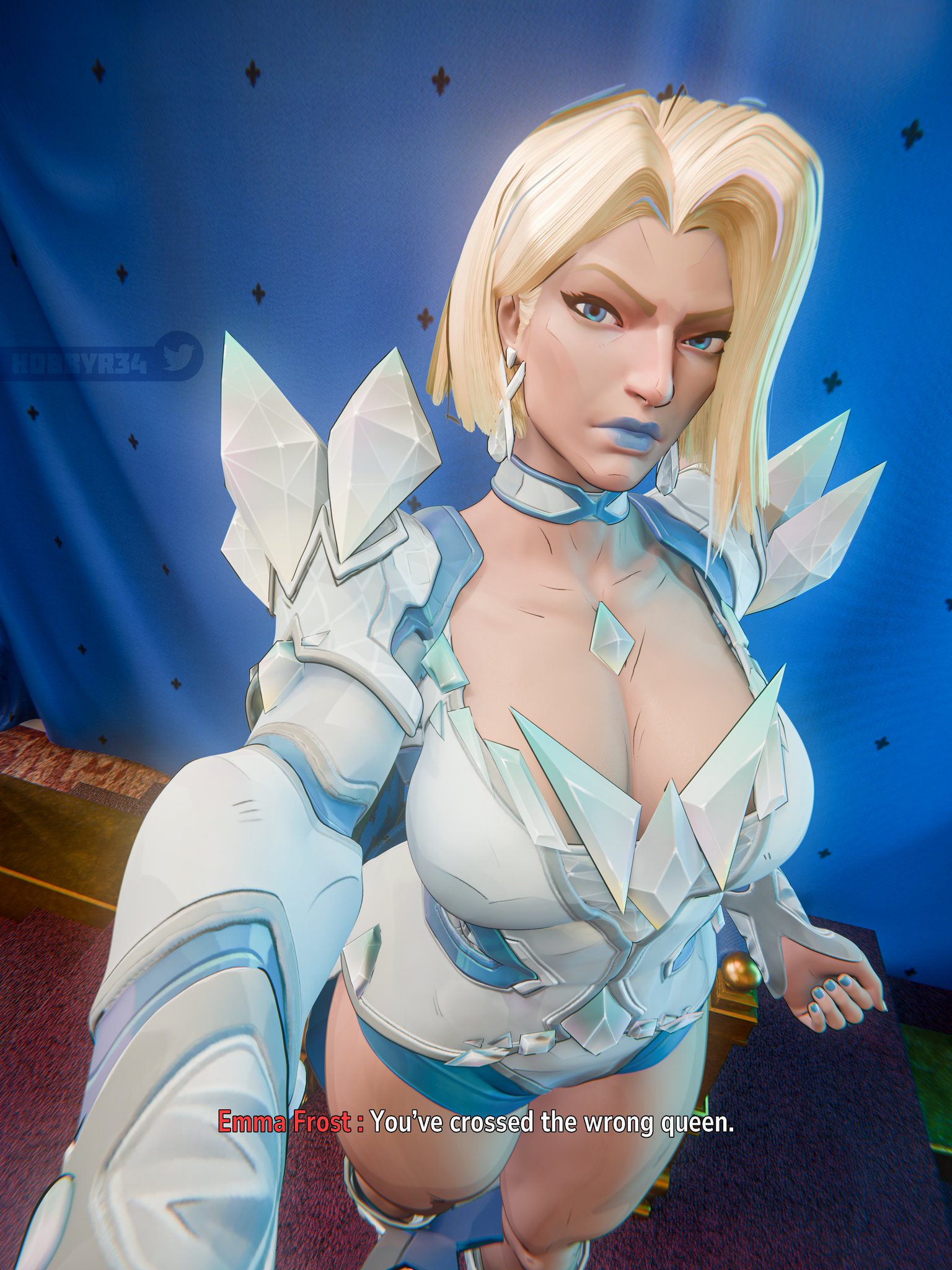 1girls, 3d, accurate art style, annoyed, annoyed expression, ass, big ass, big breasts, big thighs, blonde eyebrows, blonde female, blonde hair, blue background, blue eyes, blue lipstick, blue nails, bob cut, breasts, bust, busty, chest, choker, closed mouth, curvaceous, curvy, curvy figure, earrings, emma frost, emma frost (marvel rivals), eyebrows, eyelashes, female, hair behind ear, hellfire club, high-angle view, hips, hobbyr34, hourglass figure, legs, light skin, light-skinned female, looking at viewer, marvel, marvel comics, marvel rivals, mature, mature female, medium hair, mutant, mutant (marvel), pale skin, pale-skinned female, slim waist, thick, thick hips, thick legs, thick thighs, thighs, voluptuous, waist, white queen, wide hips, wide thighs, x-men