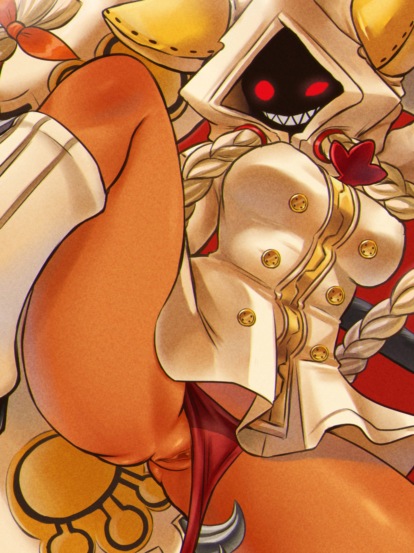 1girls, berrycreme, blazblue, cat girl, catgirl, chromatic aberration, dark skin, dark-skinned female, exposing pussy, exposing self, fecharis, feline, female, kaka (blazblue), mask, masked, masked female, pussy, taokaka