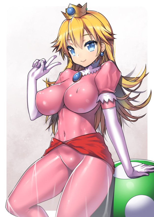 1girls, big breasts, blonde hair, blue eyes, bodysuit, breasts, crown, earrings, erect nipples, female, female only, gesture, gloves, gradient background, grey background, human, large breasts, mario (series), mushroom, nagase haruhito, navel, nintendo, nipples, pink, pink bodysuit, princess peach, puffy nipples, simple background, skin tight, skintight, solo, standing, super mario bros., tight clothing, v