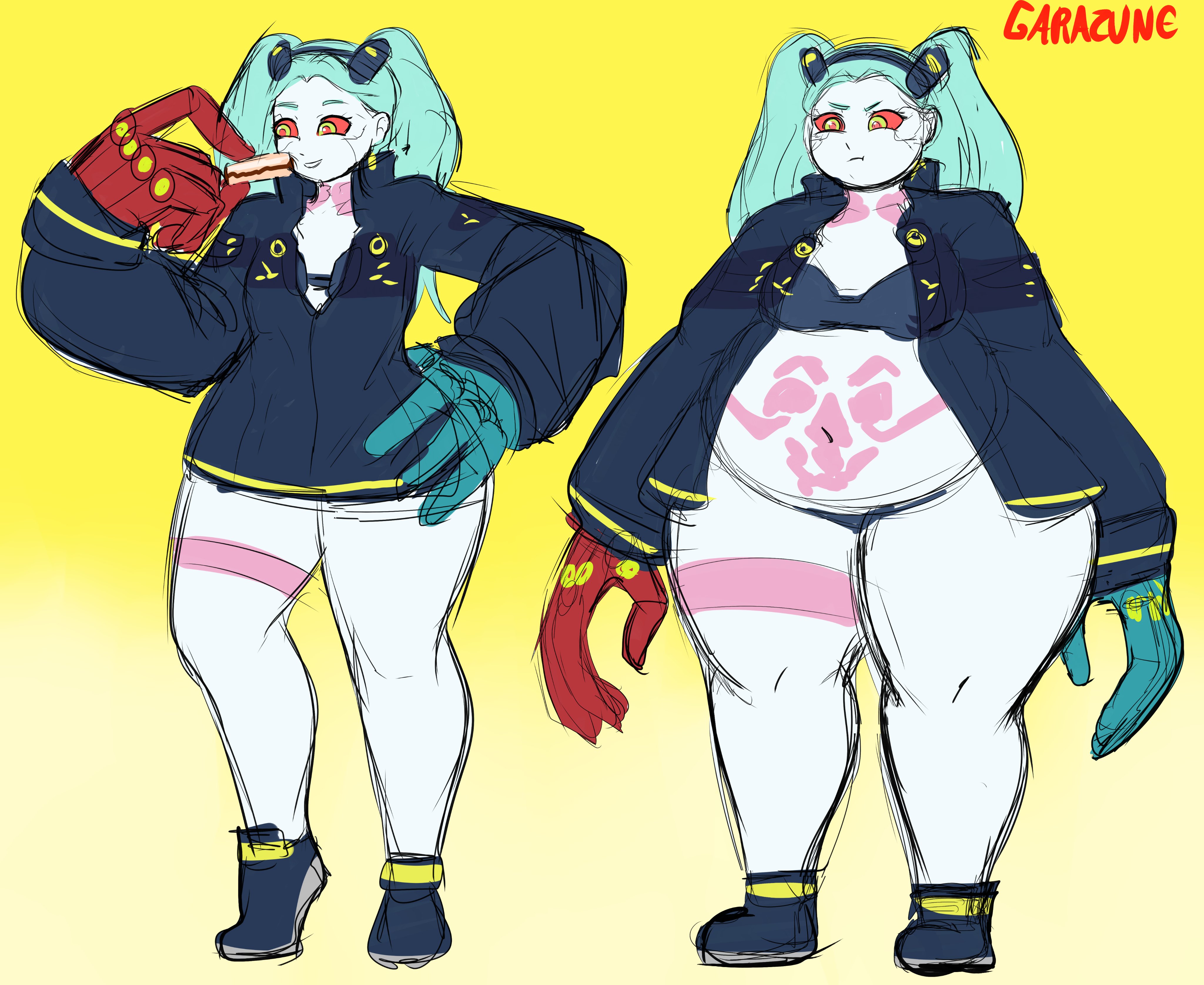 bbw, belly button, belly fat, belly overhang, big belly, big stomach, chubby, chubby belly, chubby female, clothing, cyberpunk (series), cyberpunk 2077, cyberpunk: edgerunners, fat, fat female, fat fetish, female, footwear, garazune, huge belly, human, obese, obese female, outerwear, overweight, overweight female, pale skin, rebecca (edgerunners), thick thighs, weigh gain sequence, weight gain, weight gain female, wide hips